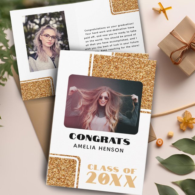 Carte Félicitations diplômé 2024 paillettes or 2 Photos (Créateur téléchargé)