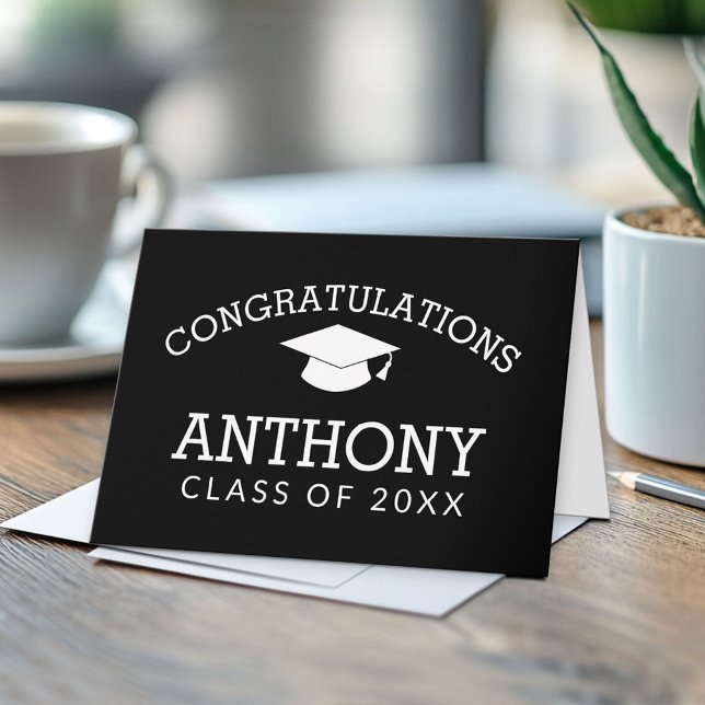 Carte Félicitations Diplômé - Casquette Classique Noir (Custom, Personalized Graduation Congratulations - Folded Greeting Card)
