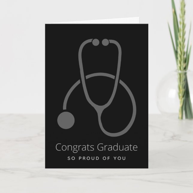 Carte Félicitations Diplômé Stéthoscope Gris Élégant Sim (Devant)