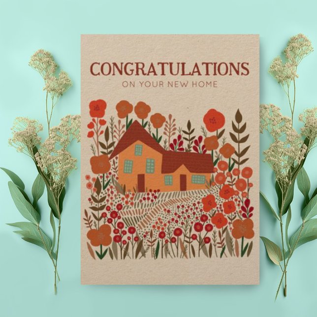 Carte FÉLICITATIONS Ferme de chauffage domestique Kraft (Custom new home congratulations card with cute cottage and garden with flowers)