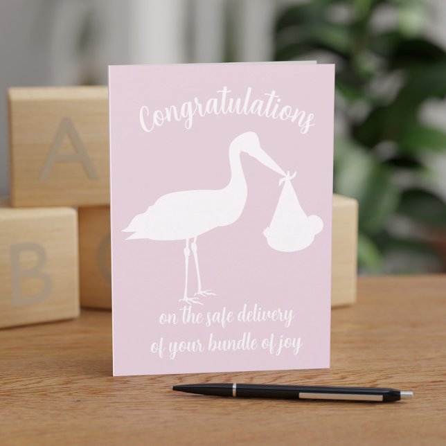 Carte Félicitations Girl Baby Modern Pink Stork Card (Créateur téléchargé)