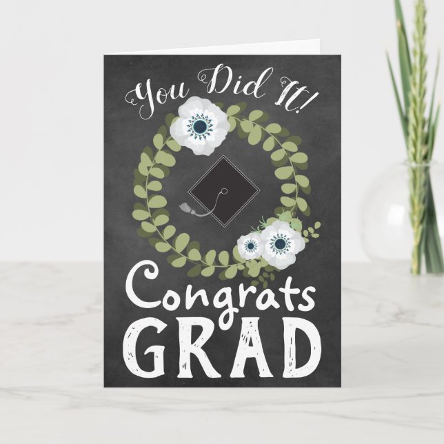 Carte Félicitations Grad Rustic Chalkboard et Fleurs (Devant)