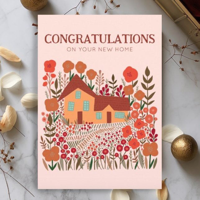 Carte FÉLICITATIONS Nouvelle maison Maison ferme (Cute farmhouse wildflowers autumn illustration congratulations on new home card - digital download)
