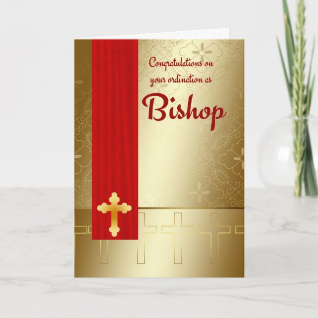 Carte Félicitations Ordination Évêque En Rouge Et Or (Devant)