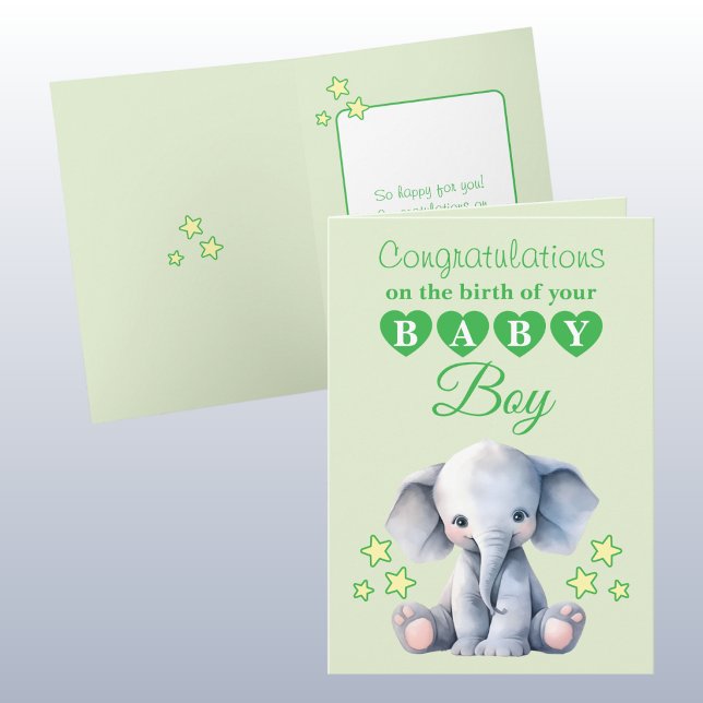 Carte Félicitations petit garçon éléphant vert (Créateur téléchargé)