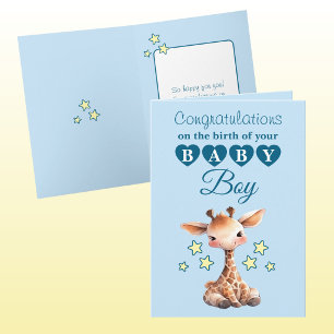 Carte Félicitations petit garçon girafe bleu