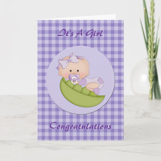 Carte Félicitations Petite Fille dans un Pod pourpre (Devant)