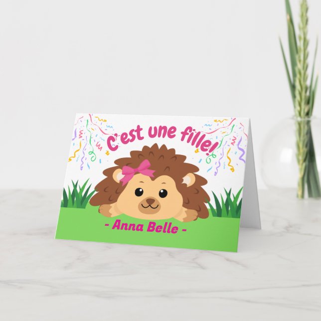 Carte Félicitations pour bébé fille avec hérisson (Devant)