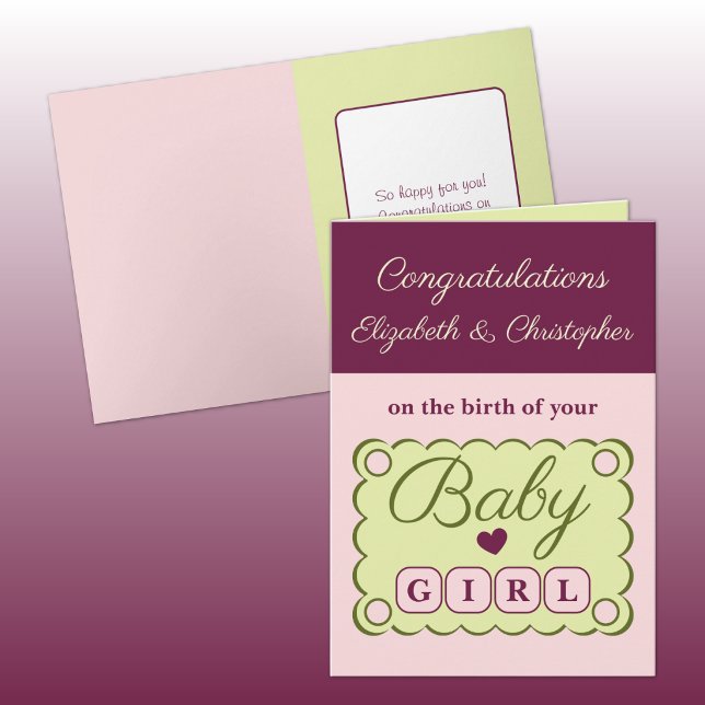 Carte Félicitations pour bébé fille rose vert (Créateur téléchargé)