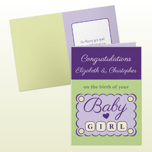 Carte Félicitations pour bébé fille violet vert