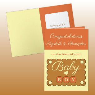 Carte Félicitations pour bébé garçon orange jaune