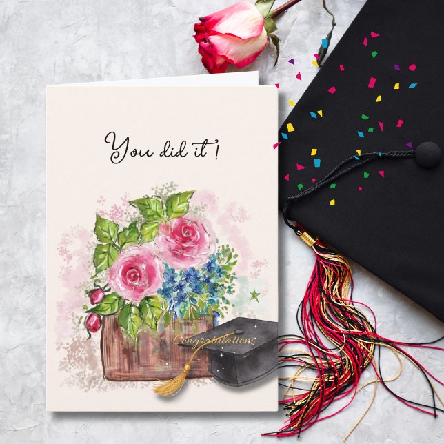 Carte Félicitations pour la remise des diplômes avec des (Pink Watercolor Roses Graduation Congratulations Card)