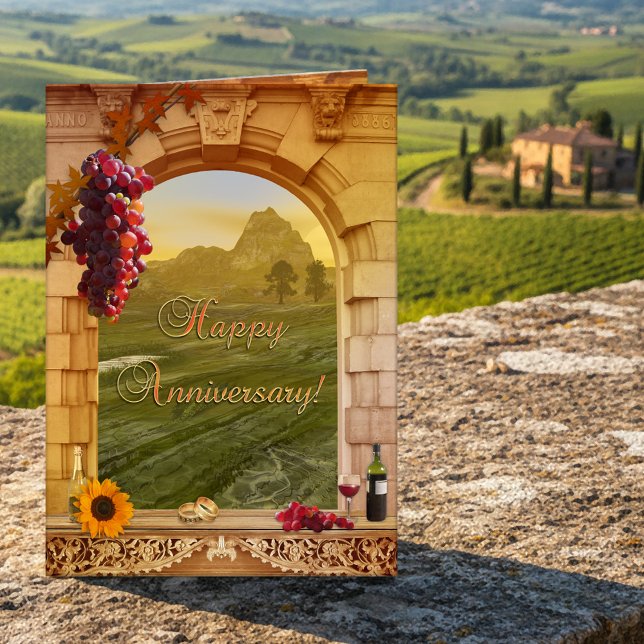 Carte Félicitations pour l'anniversaire du vignoble Fine (Anniversary congratulations card in classic Italian vintage style with a vineyard theme)