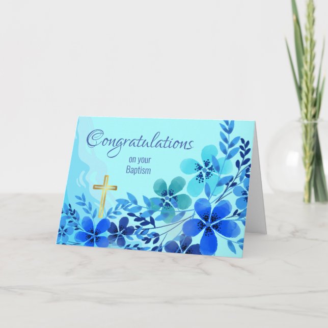 Carte Félicitations pour le baptême avec des fleurs bleu (Devant)