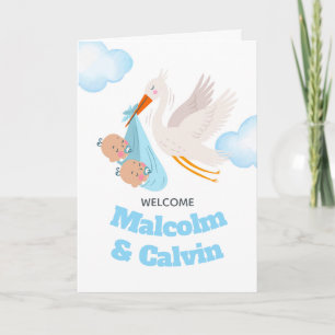 Carte Félicitations pour le coffret cigogne pour jumeaux