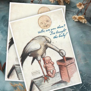 Carte Félicitations pour Nouveau Bébé avec Cigogne Vinta