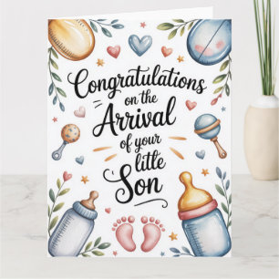 Carte Félicitations pour nouveau bébé garçon aquarelle