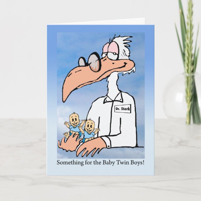 Carte Félicitations pour Twin Boys, Dr Stork Cartoon (Devant)