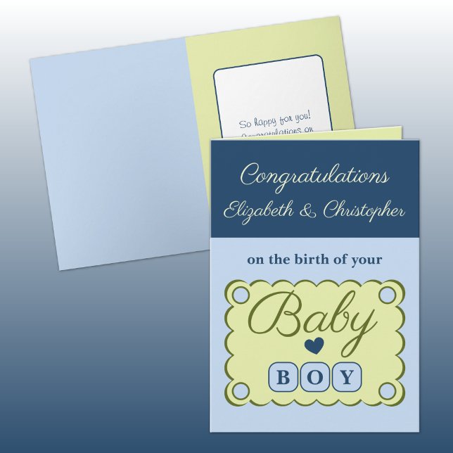 Carte Félicitations pour un bébé garçon bleu vert (Créateur téléchargé)