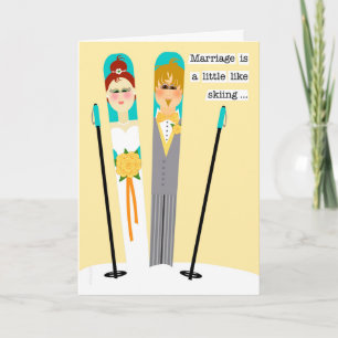 Carte Félicitations pour un mariage mignon couple de ski