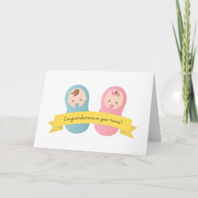 Carte Félicitations pour vos jumeaux ! Bébé garçon et fi (Devant)