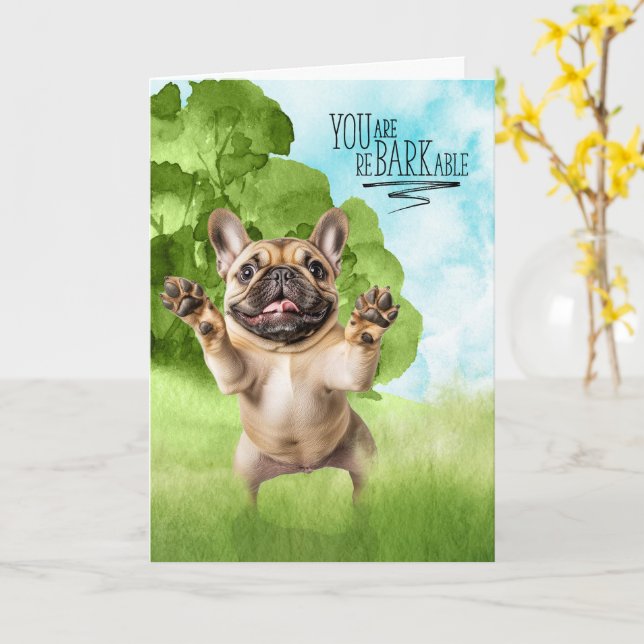 Carte Félicitations reBARKable Tan Bouledogue Français (Fleur jaune)