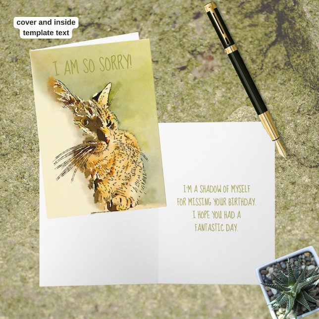 Carte Félicitations Retardée Chat Tigré Aquarelle  (Watercolor tabby cat greeting card cover. Template text on cover and inside greeting.)