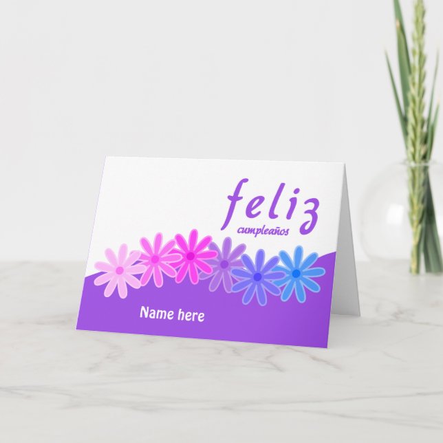 Carte Feliz cumpleaños fleurs pourpres personnalisées (Devant)