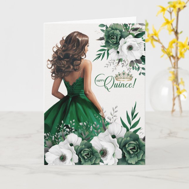 Carte Feliz Quinceanera 15th Birthday Emerald Green (Fleur jaune)