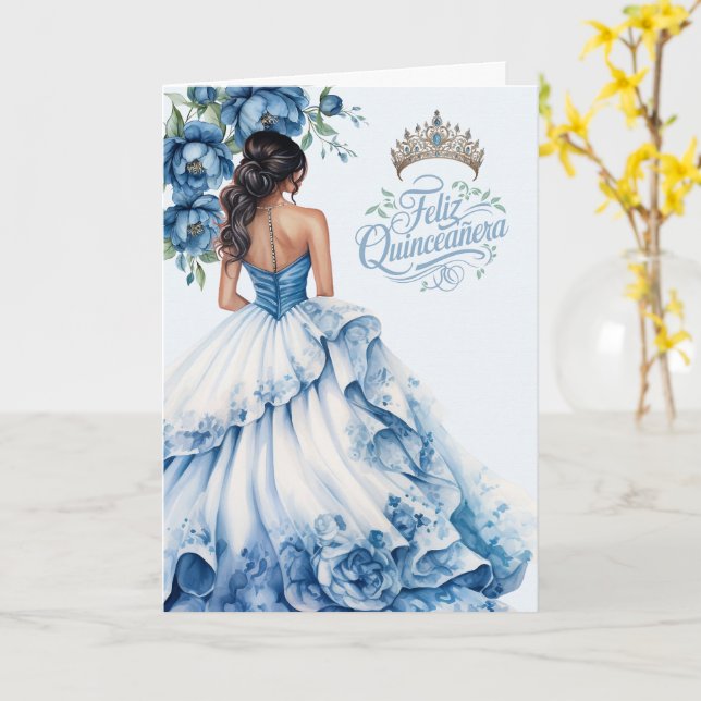 Carte Feliz Quinceanera 15th Birthday Shades of Blue (Fleur jaune)