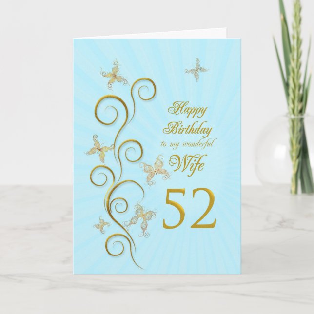 Carte Femme 52e anniversaire avec papillons dorés (Devant)