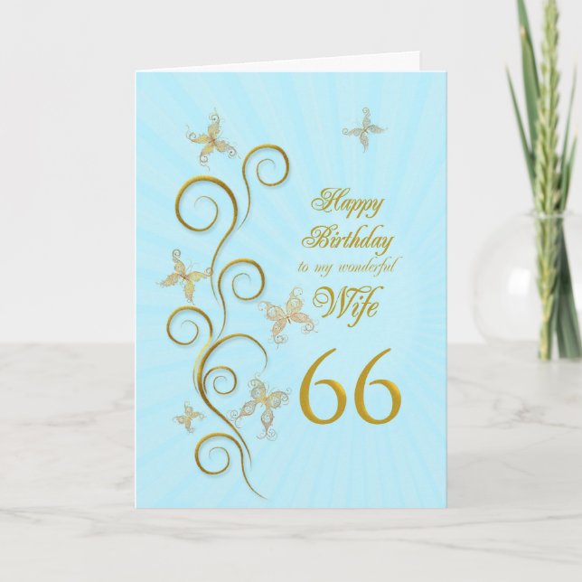 Carte Femme 66e anniversaire avec papillons dorés (Devant)