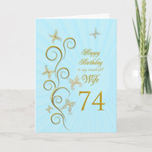 Carte Femme 74e anniversaire avec papillons dorés