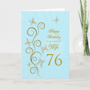 Carte Femme 76e anniversaire avec papillons dorés