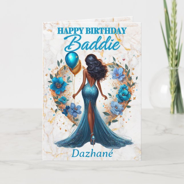 Carte Femme Afro-Américaine Bleue glamour Anniversaire (Devant)