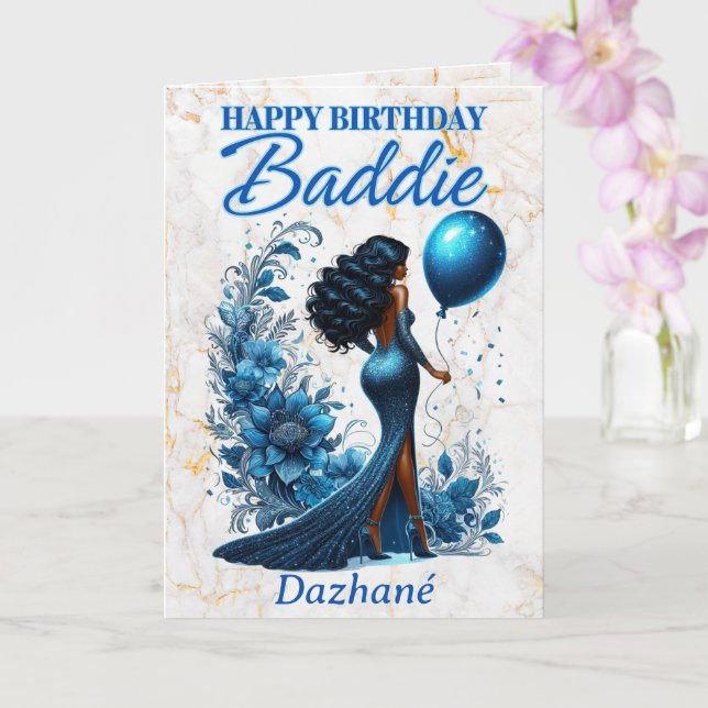 Carte Femme Afro-Américaine Bleue glamour Anniversaire (Orchidée)