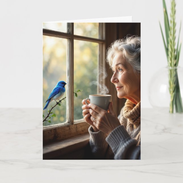 Carte Femme âgée pour son anniversaire regardant un oise (Devant)