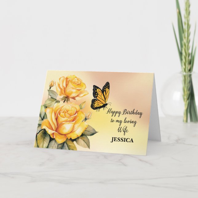 Carte Femme Anniversaire Yellow Roses Monarque Papillon (Devant)