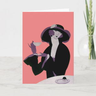 Carte Femme Art Déco vintage, Thé d'après-midi et Cupcak