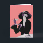 Carte Femme Art Déco vintage, Thé d'après-midi et Cupcak<br><div class="desc">illustration vintage image art déco de la nourriture et des boissons avec une femme élégante,  sophistiquée et élégante qui boit son thé de l'après-midi et mange une pâtisserie de cupcake. Version rose. Avec ce design vous pouvez changer la couleur arrière - plan,  il suffit de cliquer sur "customiser"!</div>