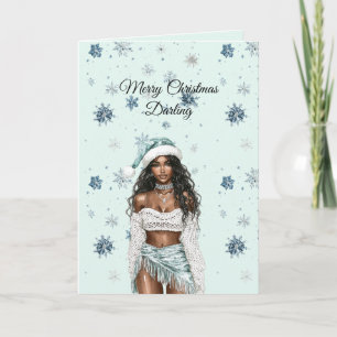 Carte Femme aux cheveux noirs flocons de neige bleu ment