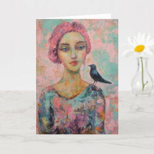 Carte Femme aux cheveux roses et un oiseau sur son épaul