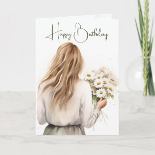 Carte Femme avec bouquet de marguerites Anniversaire