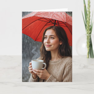 Carte Femme avec une coupe de café chaud sous un paraplu
