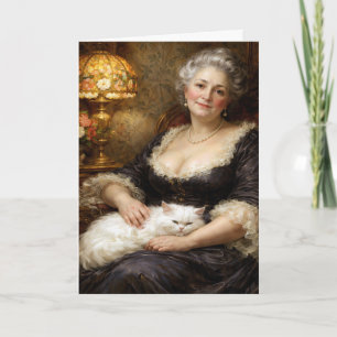 Carte Femme baroque d'anniversaire posant avec un chat b