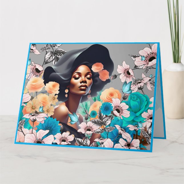 CARTE FEMME BLACK BEAUTY FLEURS PAPILLONS GRISAILLE (Devant)