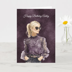 Carte Femme Blonde Lunettes de Soleil Chemisier Violet A