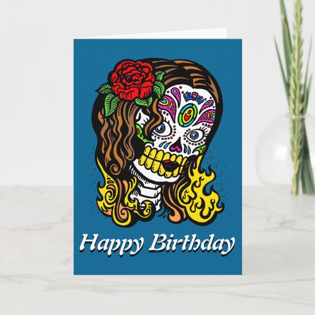 Carte Femme crâne de sucre Rose dans les cheveux (Devant)