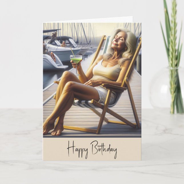 Carte Femme D'Anniversaire En Chaise De Plage Avec Marga (Devant)