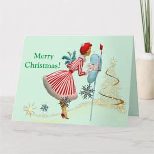 Carte Femme de Noël vintage 1950 avec des cadeaux